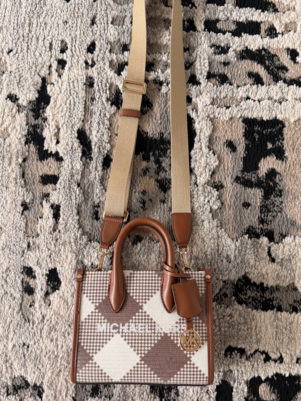 Michael Kors Mirella Extra-Small Plaid/Sequin Shopper Crossbody Bag.